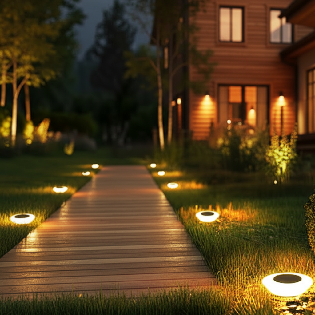 Wooden pathway leading to a house with solar lights illuminating the area