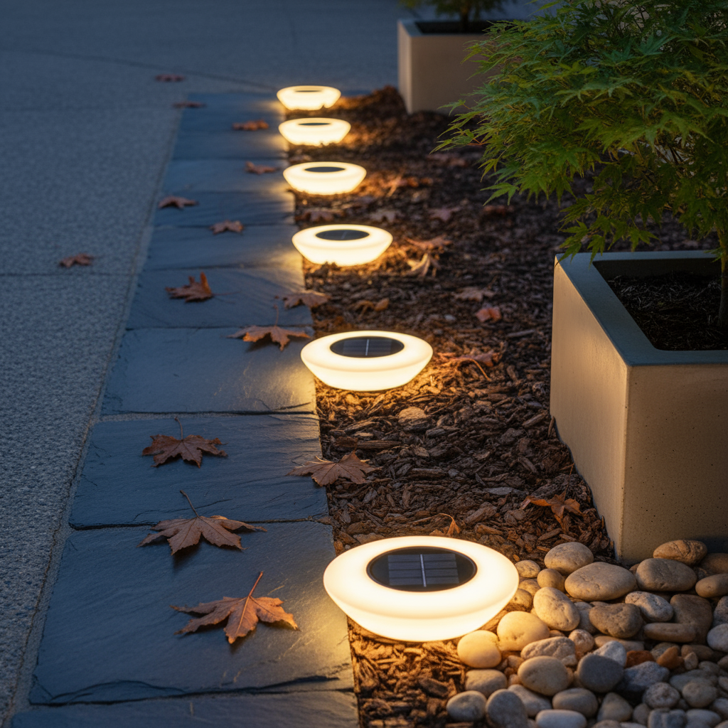 Solar-powered outdoor lights along a pathway with plants and rocks.