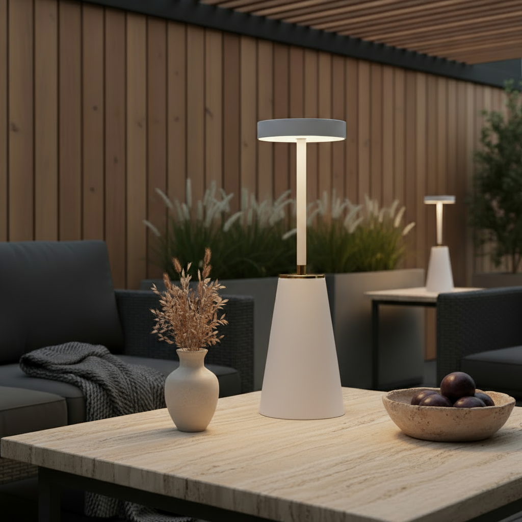 Outdoor setting with a table, lamp, vase, and bowl in a garden or patio area.