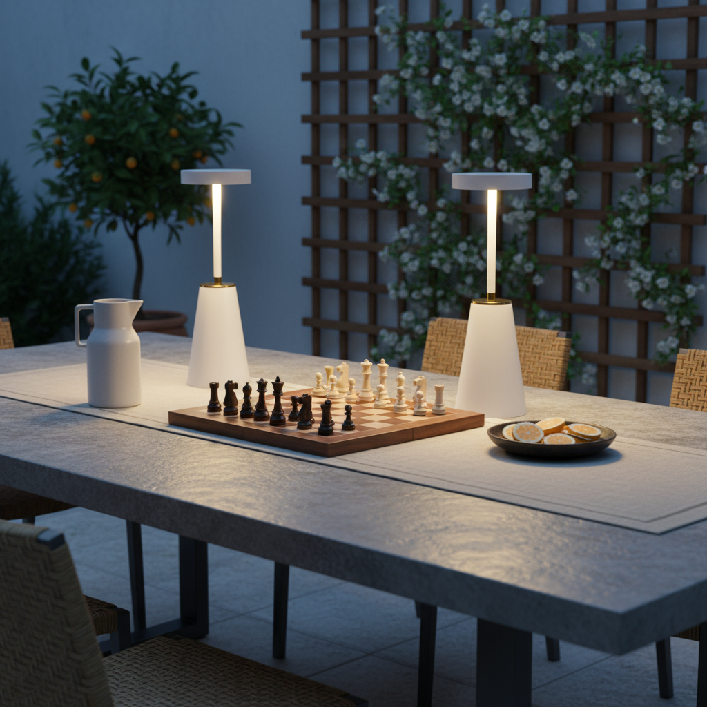 Two table lamps on a dining table with a chessboard and snacks, set against a garden backdrop.