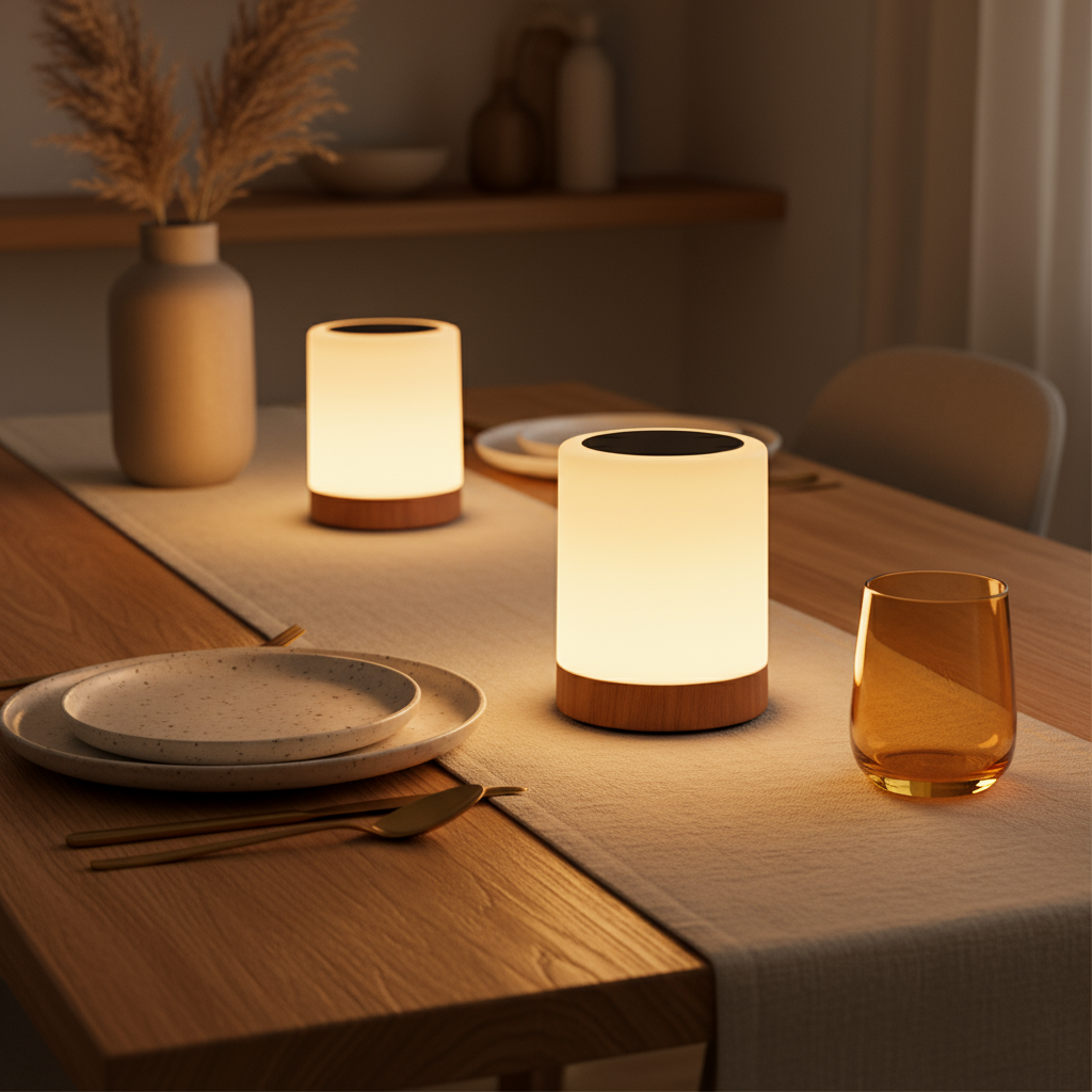 Two lit table lamps on a wooden table with plates, glasses, and utensils.
