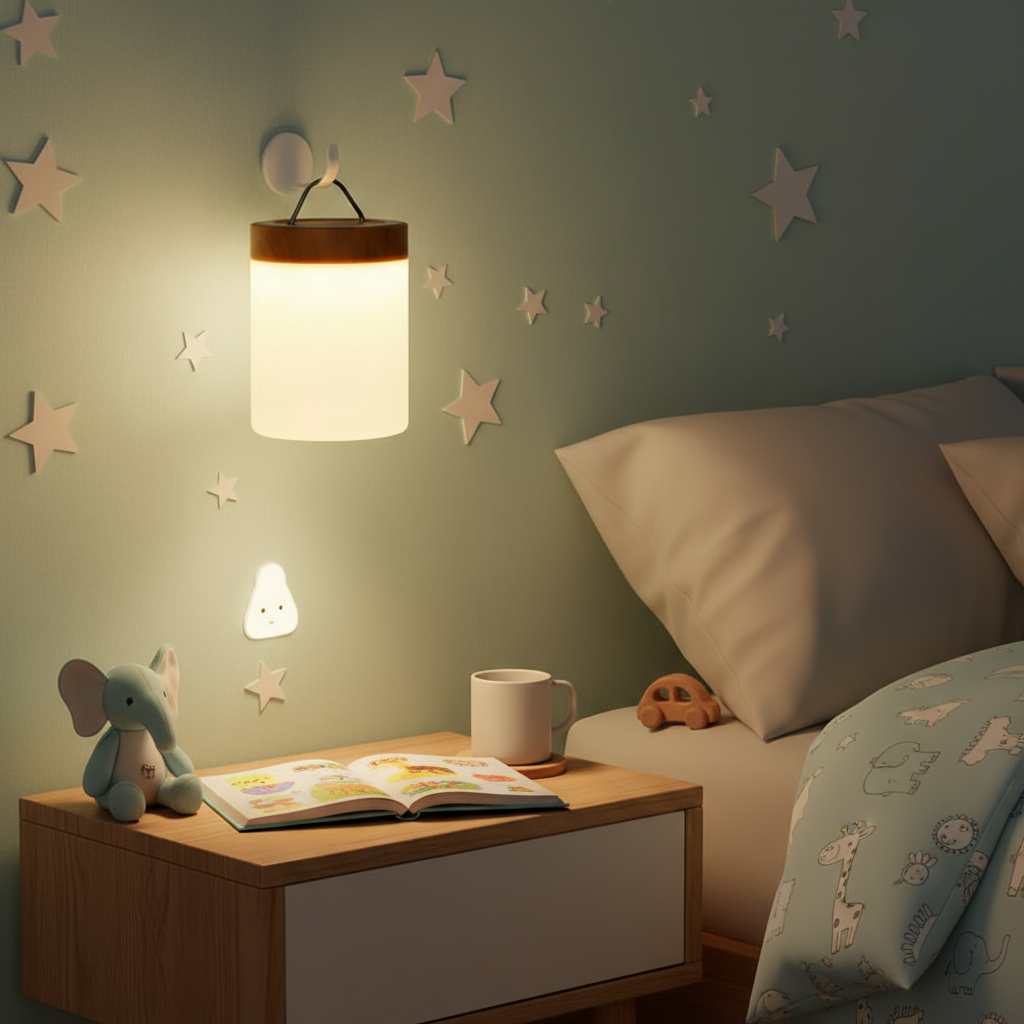 Children's bedroom with night light, book, and plush toys on a bedside table.
