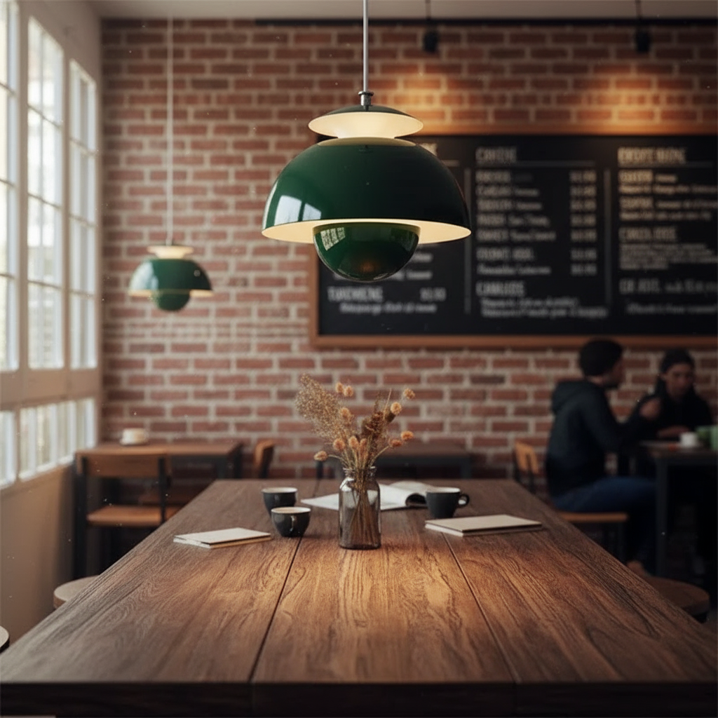 Wooden table with a green pendant lamp in a cozy restaurant setting.