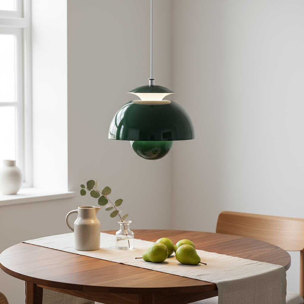Green pendant lamp hanging above a wooden table with pears and a vase.