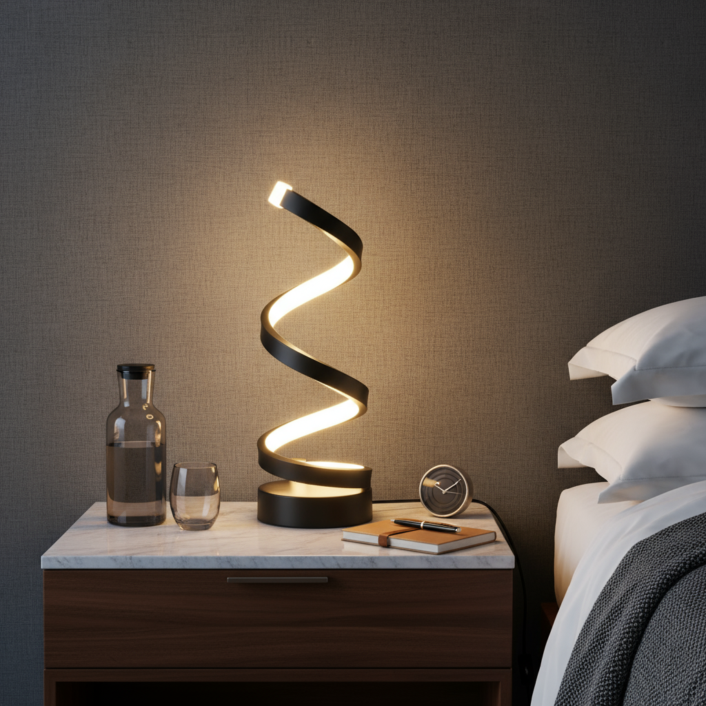 Spiral table lamp on a nightstand next to a bed with pillows