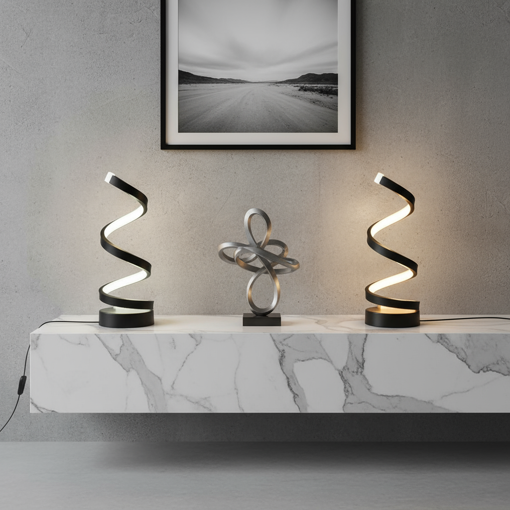 Modern table lamps with spiral design on a marble surface, framed artwork in the background.