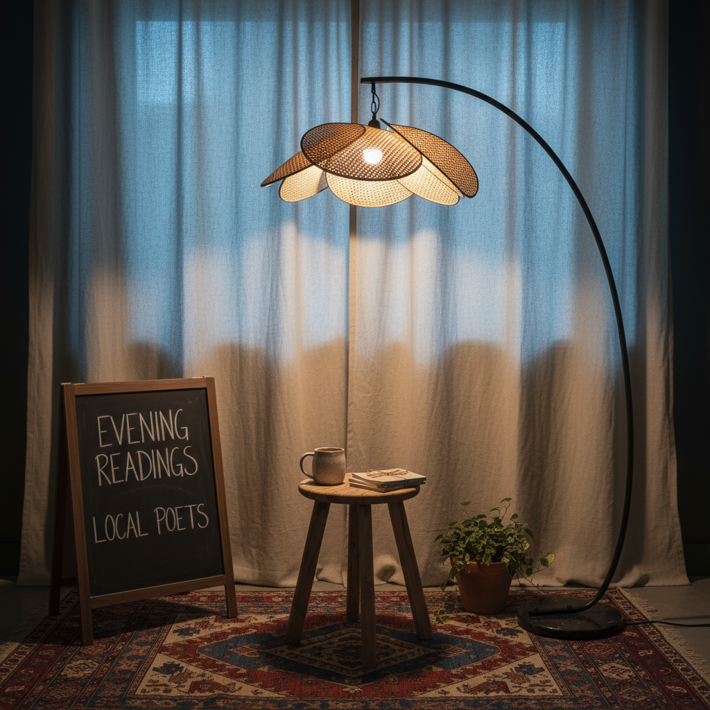 Floor lamp with woven shade in a room with curtains and a small table.