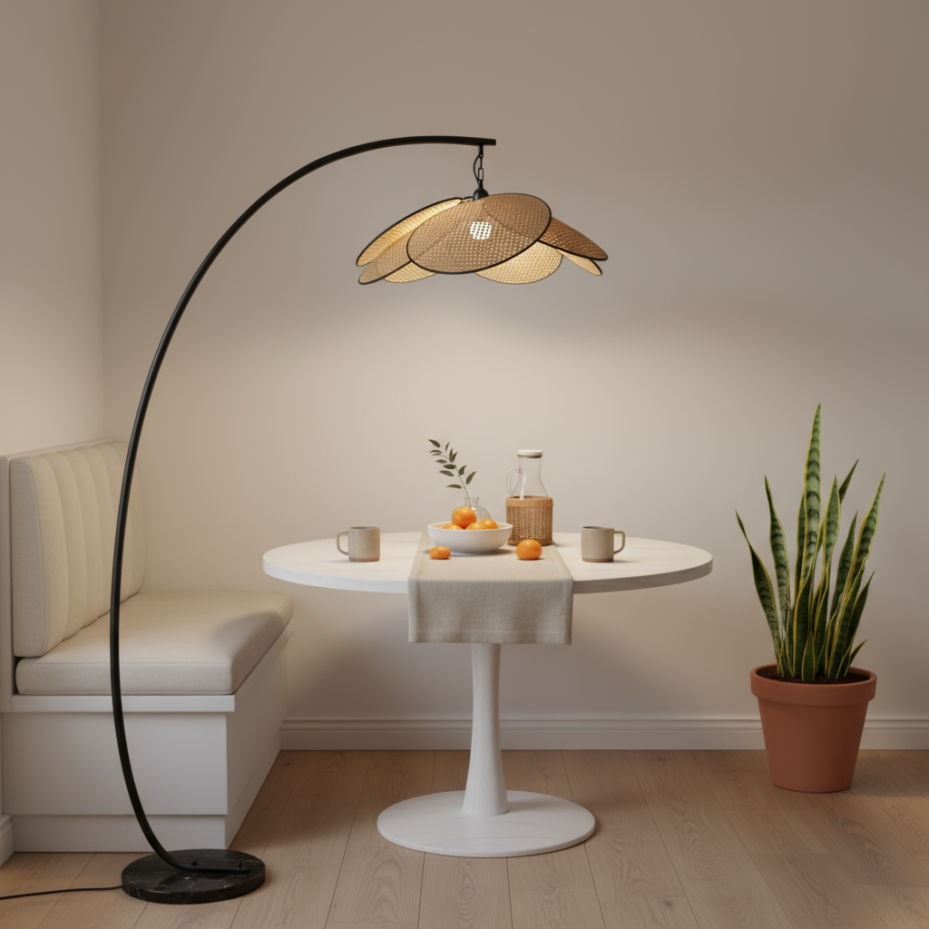 Modern floor lamp with a unique design in a cozy room with a table and plant.